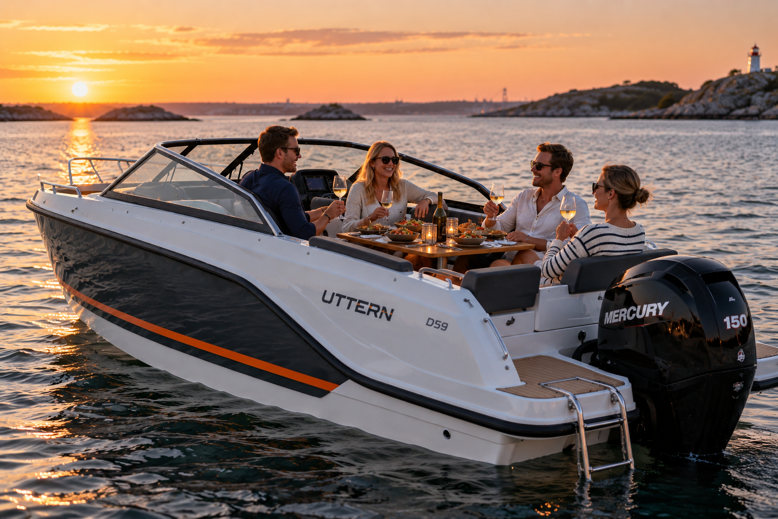 Daycruiser på väg ut från Lindholmen i Göteborg i kvällssol
